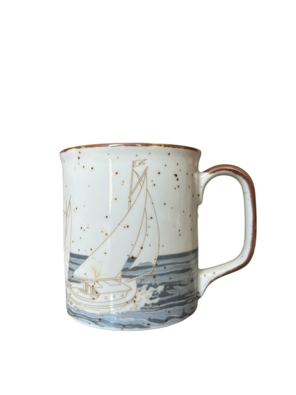 Vintage ceramic speckled nautical coastal summer sailboat coffee / tea mug